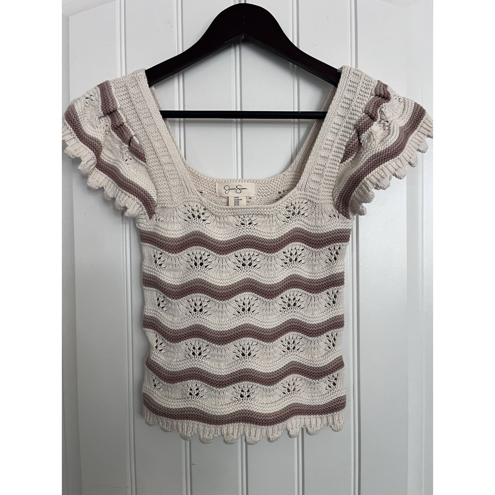 Jessica Simpson Boho Womens Tank‎ Top Knit Brown Striped Scallop Hem XS 406